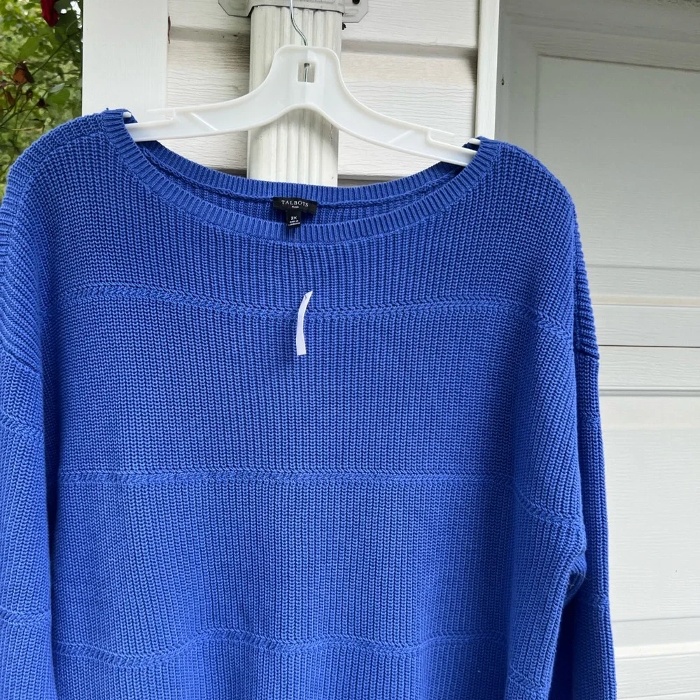 NWT Talbots Pretty Royal Blue Woven Stripe Ballet Neck Cotton Sweater